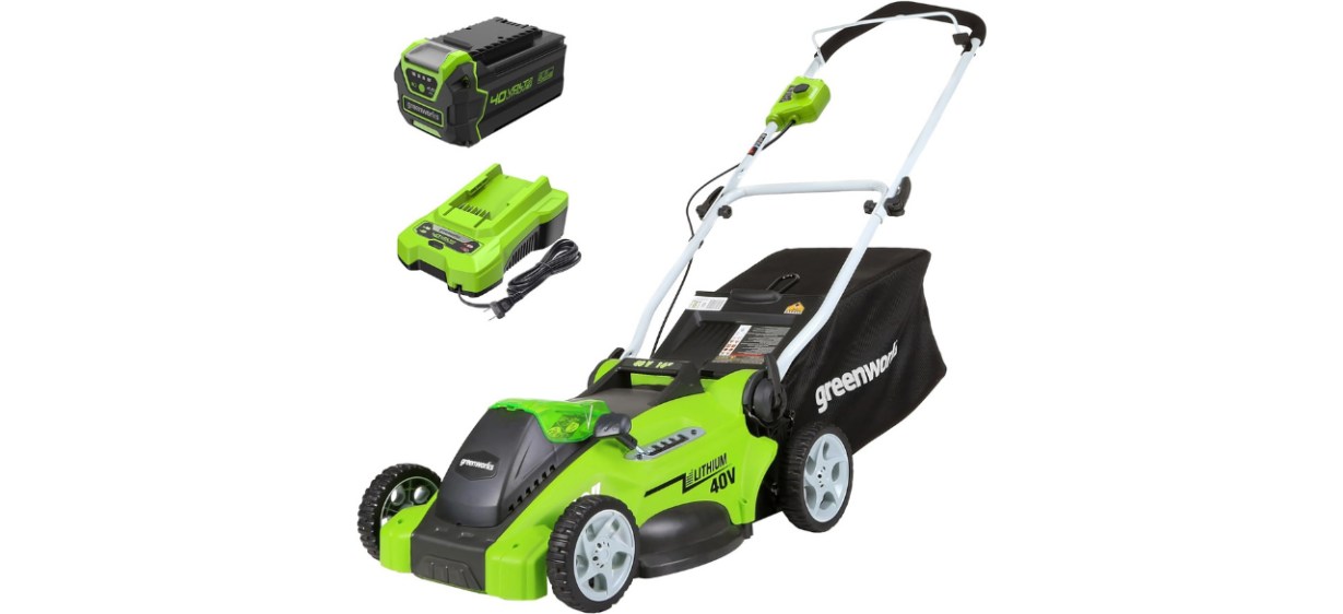 Greenworks electric push mower on white background Greenworks electric push mower on white background