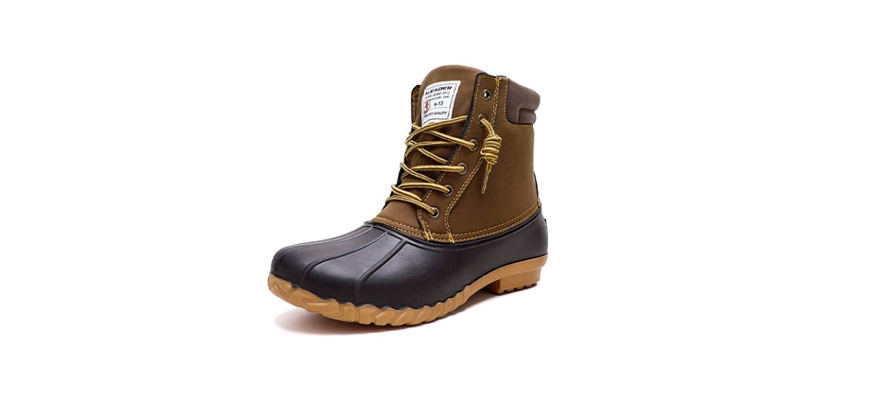 A brown duck boot with a black toe area