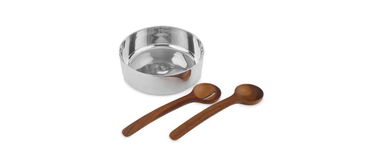 Nambé Oblong Next Salad Bowl &amp; Servers Set on white background