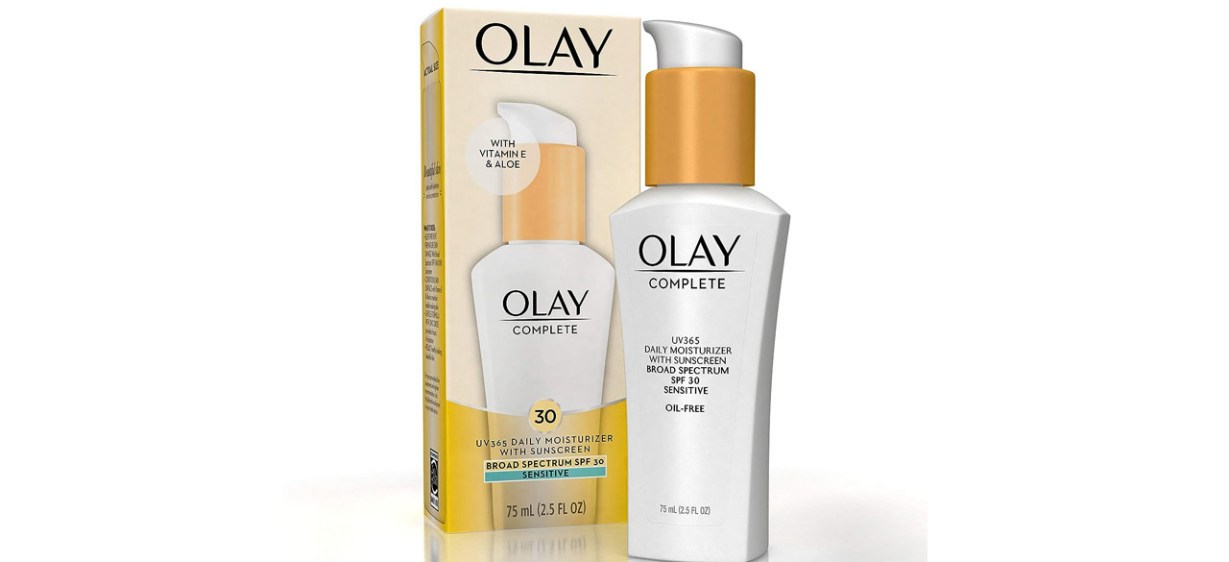 Bottle of Olay Complete Daily Moisturizer with Sunscreen SPF 30 on white background