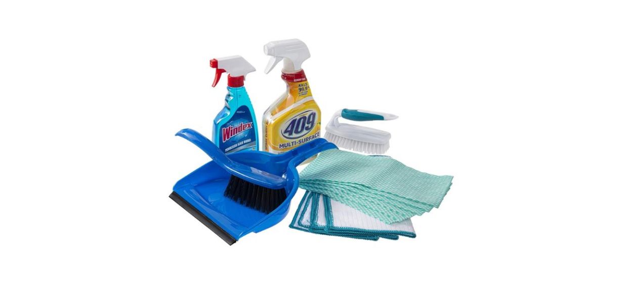 a cleaning kit with house cleaning supplies
