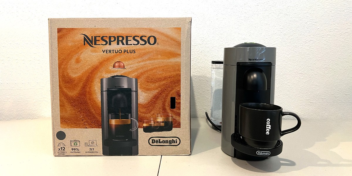 Nespresso VertuoPlus on counter next to product packaging