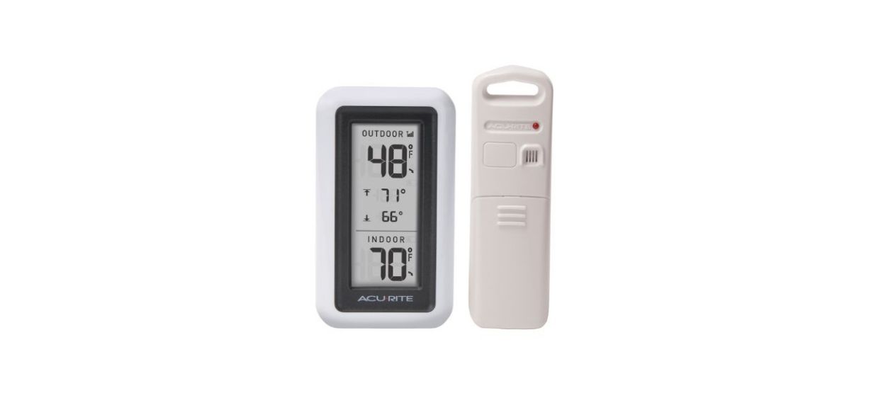 a small basic digital thermometer showing both indoor and outdoor temperatures