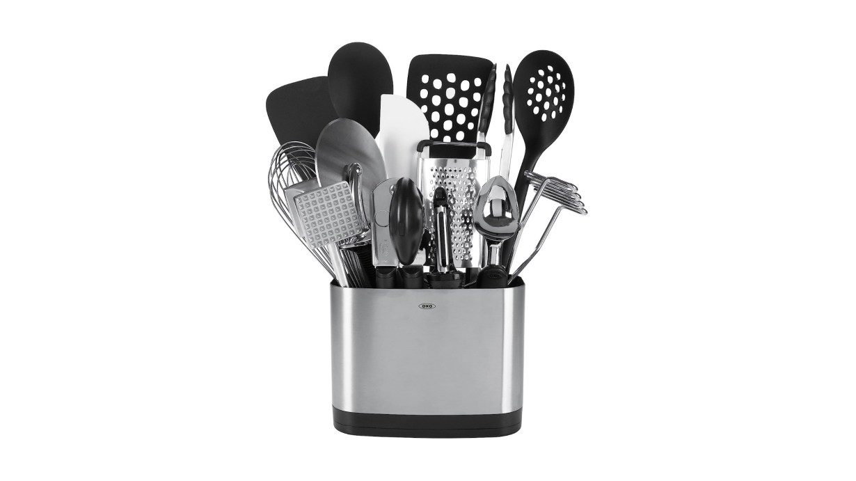 A set of 15 kitchen utensils stored in a metal container