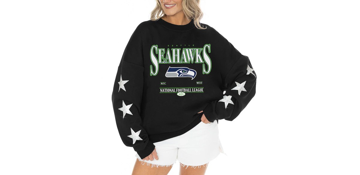 Women's Seattle Seahawks Gameday Couture Black Rhinestone Star Sleeve Settle the Score Oversized Tri-Blend Pullover