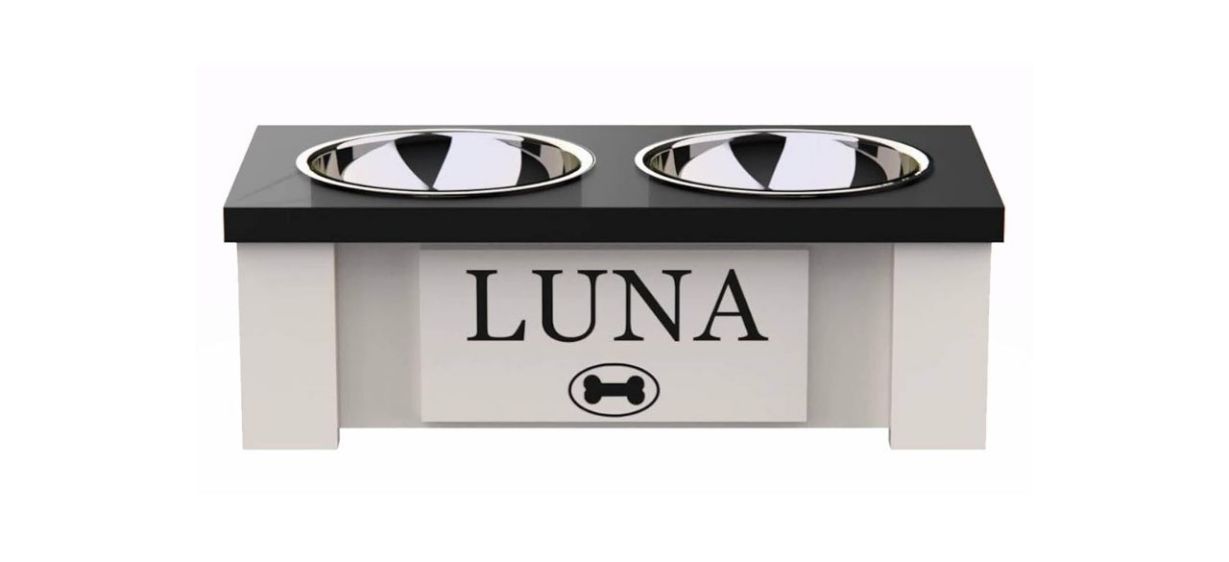 Groove This Woodshop Personalized Raised Dog Bowl Stand that holds 2 bowls