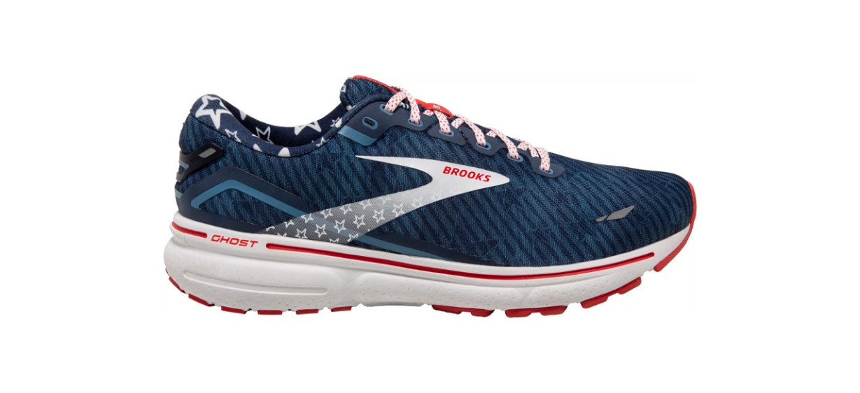 Blue,gray and red Brooks Ghost 15 Running Shoes on white background Blue,gray and red Brooks Ghost 15 Running Shoes on white background