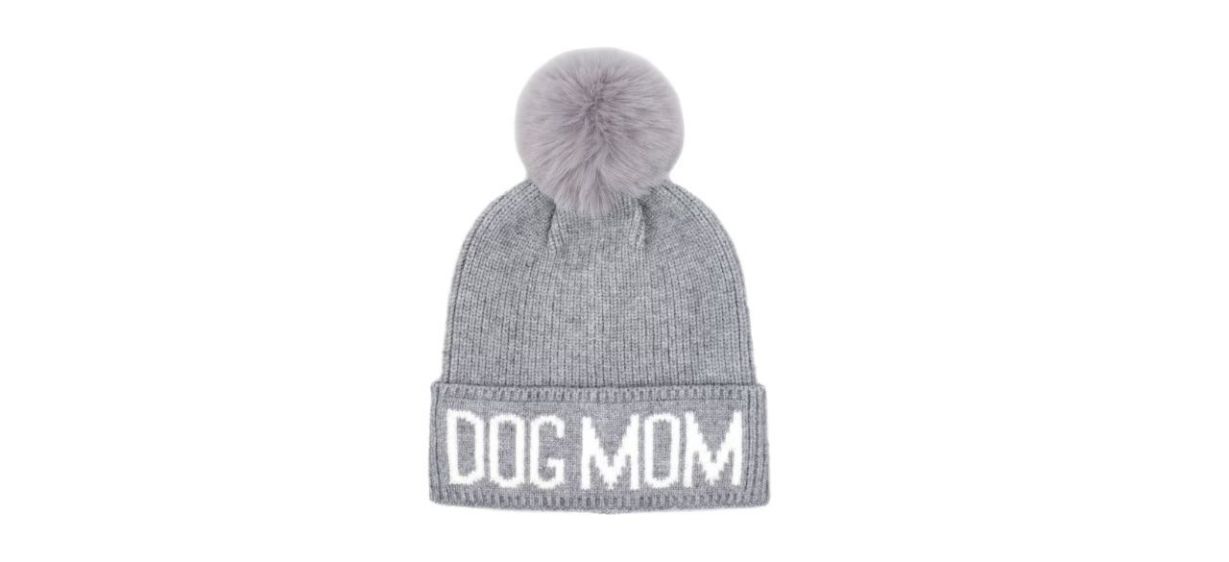 gray beanie that says &quot;dog mom&quot; on it with pompom on top