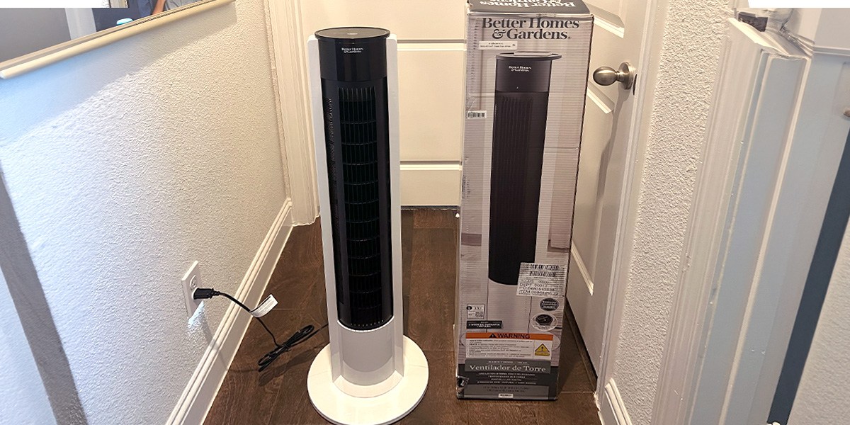 Better Homes &amp; Gardens Tower Fan next to product box
