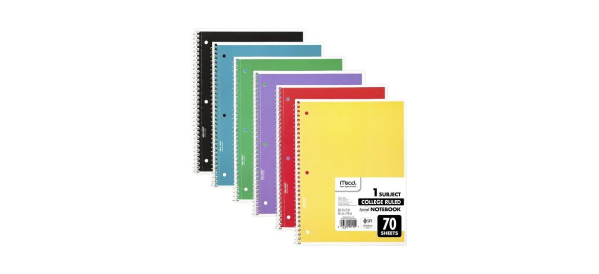 a set of 6 college ruled spiral notebooks. Colors include black, light blue, green, purple, red and yellow
