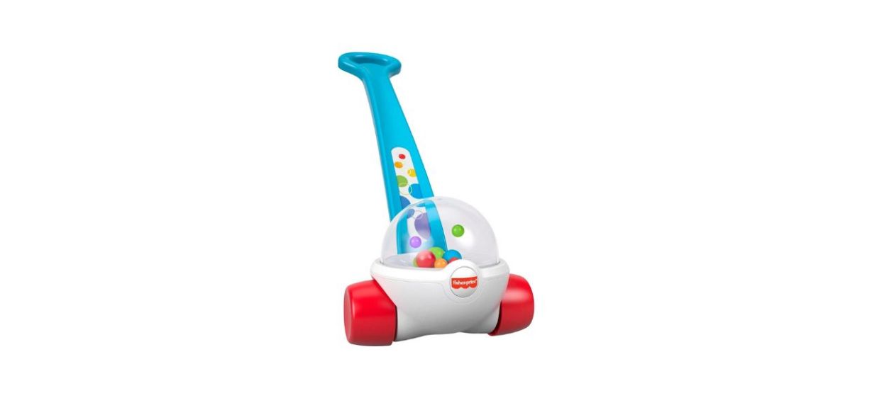 modern Fisher-Price Corn Popper with blue handle on white background