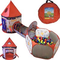 Playz 3-Piece Rocket Ship Astronaut Kids' Play Tunnel & Ball Pit with Basketball Hoop